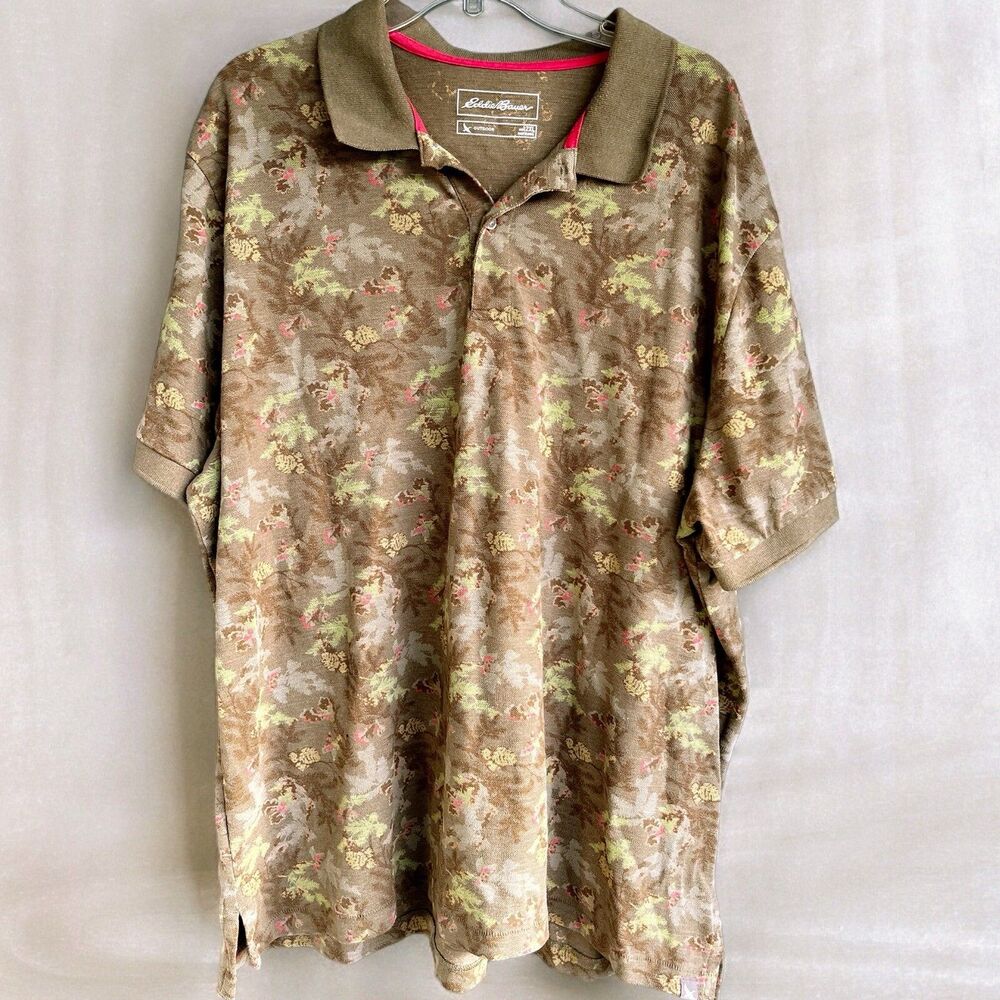 Mens Eddie Bauer Classic Field Pro Short Sleeve Polo Shirt Green Floral 2XL